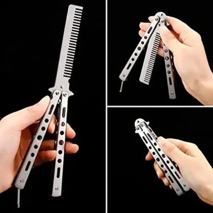 Foldable Stainless Steel Butterfly Knife Comb - Perfect for Beard, Moustache, and Hair Styling!