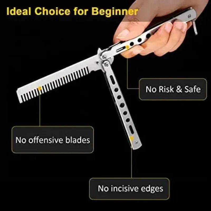 Foldable Stainless Steel Butterfly Knife Comb - Perfect for Beard, Moustache, and Hair Styling!