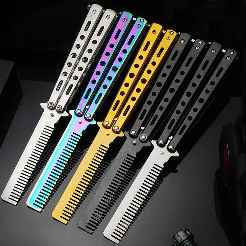 Foldable Stainless Steel Butterfly Knife Comb - Perfect for Beard, Moustache, and Hair Styling!