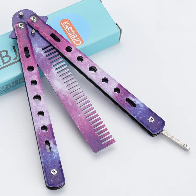 Foldable Stainless Steel Butterfly Knife Comb - Perfect for Beard, Moustache, and Hair Styling!